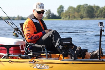 Fisher on kayak with fishfinder