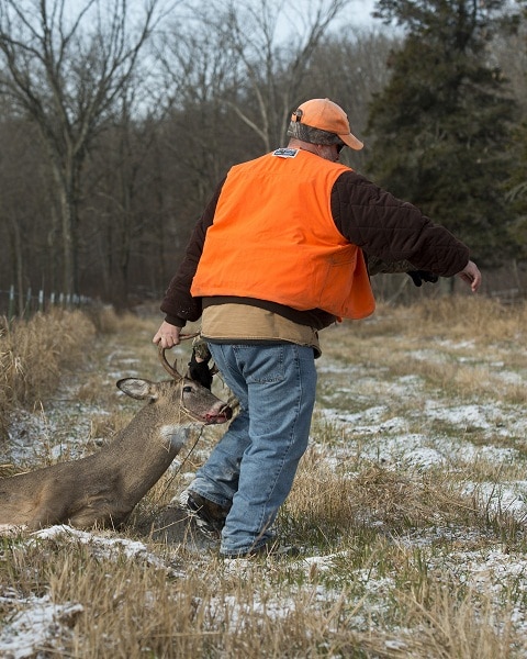 hunter dragging a deer