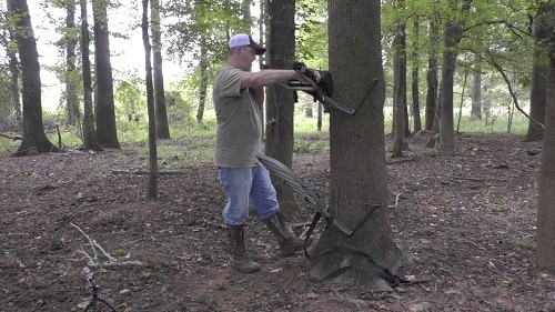 Man setting up tree stand