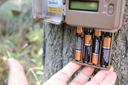 inserting batteries to game camera