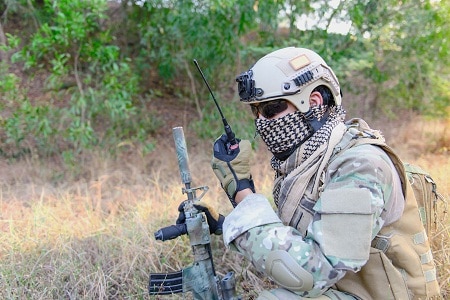 military using walkie talkie