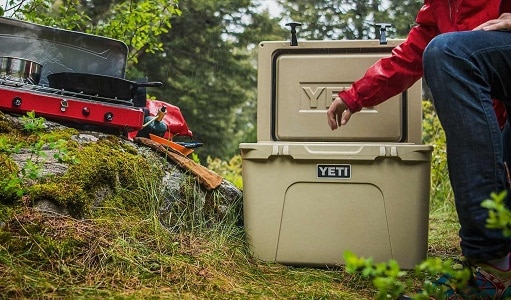 Yeti cooler by camp stove