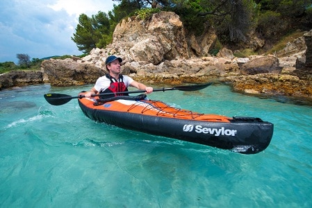 man paddling in inflatable kayak