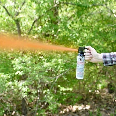 Hand pressing bear spray in forest