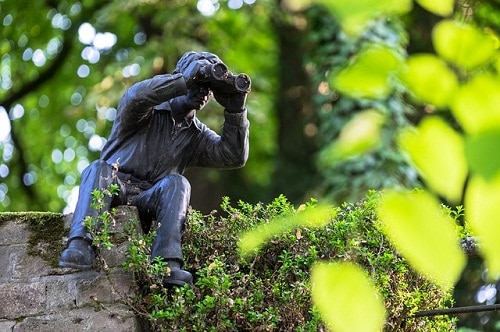 Man statue holding binoculars in the forest