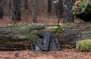 pistol resting on fallen tree trunk