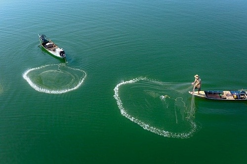 fishermen on boats casting net