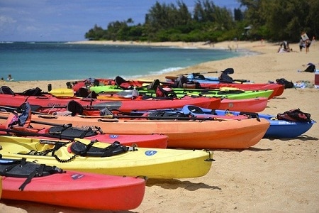 colorful empty kayaks parked by the shore