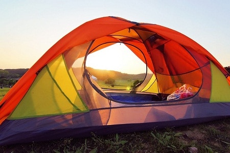 colorful tent with both doors open