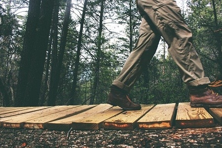 man walking on trail in the woods