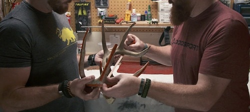men measuring deer antler in workshop