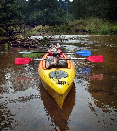 parked kayak with 2 paddles