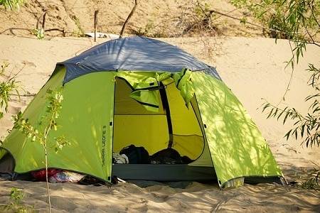 Tent assembled on sand