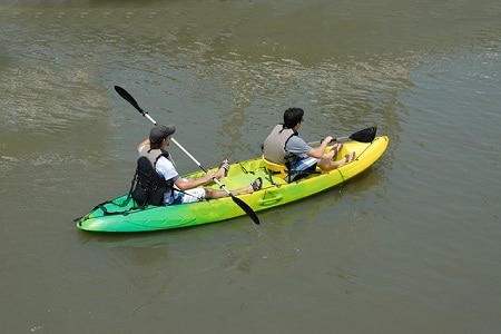 two kayakers on sit on top kayak top view