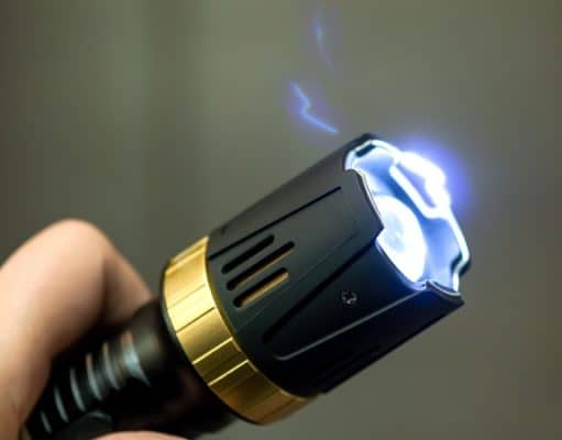 hand holding turned on flashlight stun gun
