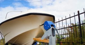 Boat in a trailer on a winch close up