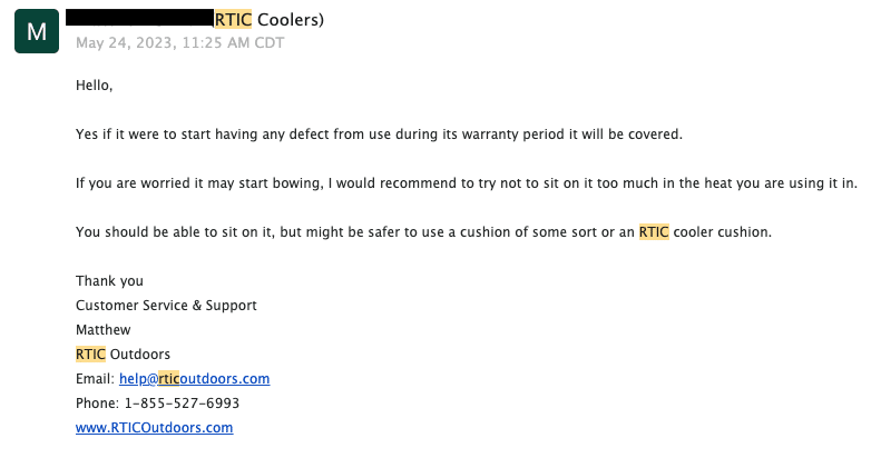 Screenshot of email response from rtic