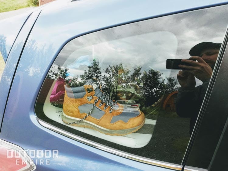 Kodiak Skogan boots in back of car through window
