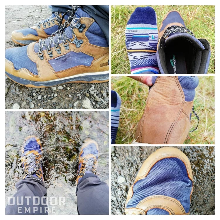Collage of Kodiak Skogan boots after waterproof test showing where wet