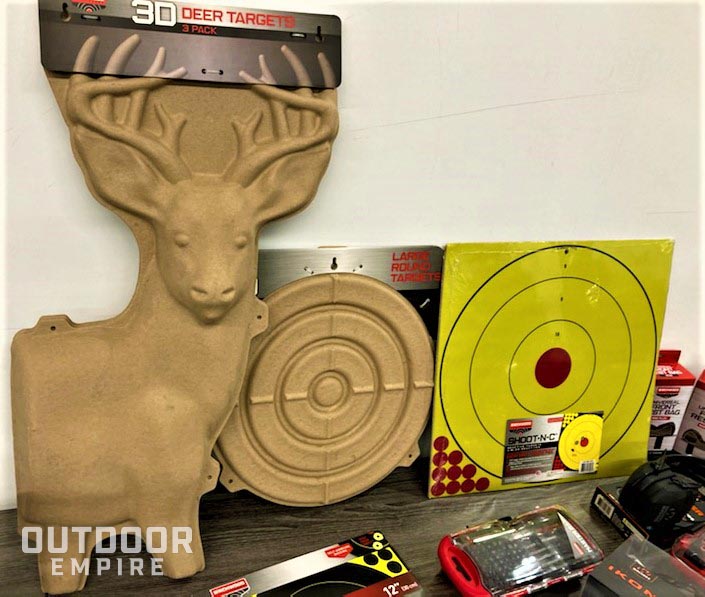 Birchwood Casey 3D deer target and other targets on a table