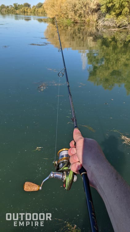 First person view of a Favorite Fishing spinning rod and reel