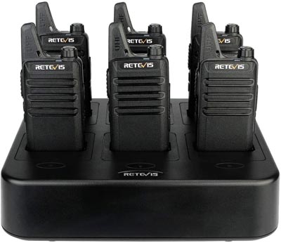 Product image of 5 Retevis walkie talkies in a charging cradle