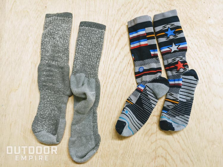 Synthetic blend hiking socks next to athletic socks
