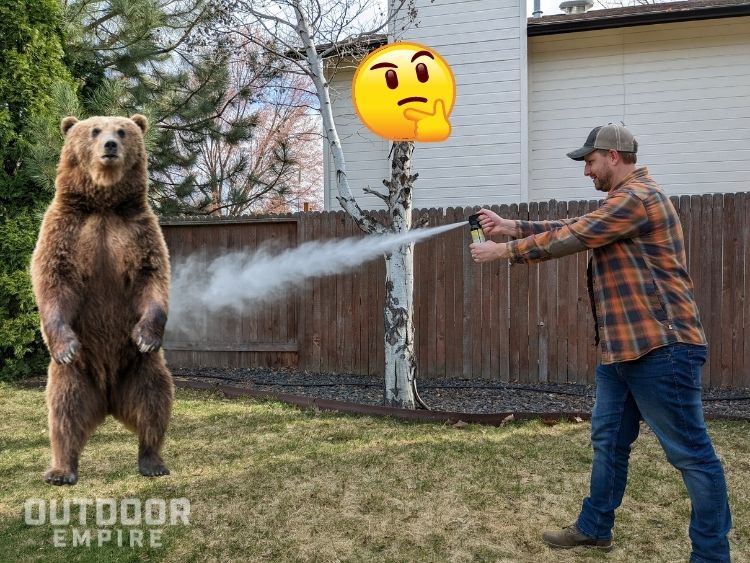 Man using bear spray on photo shopped bear in back yard