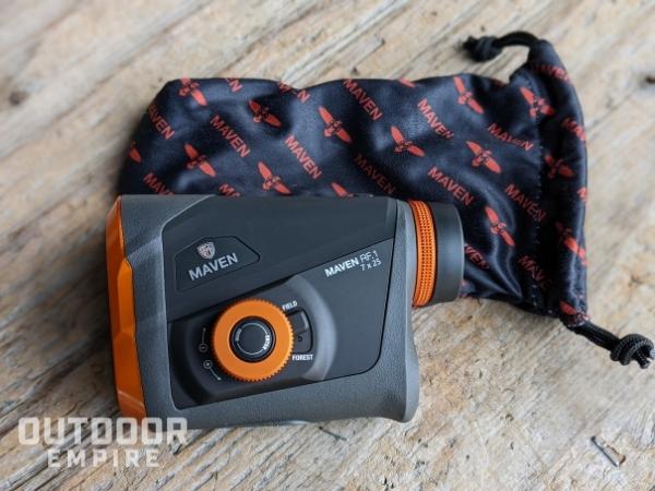 Maven rf. 1 rangefinder with pouch on wood