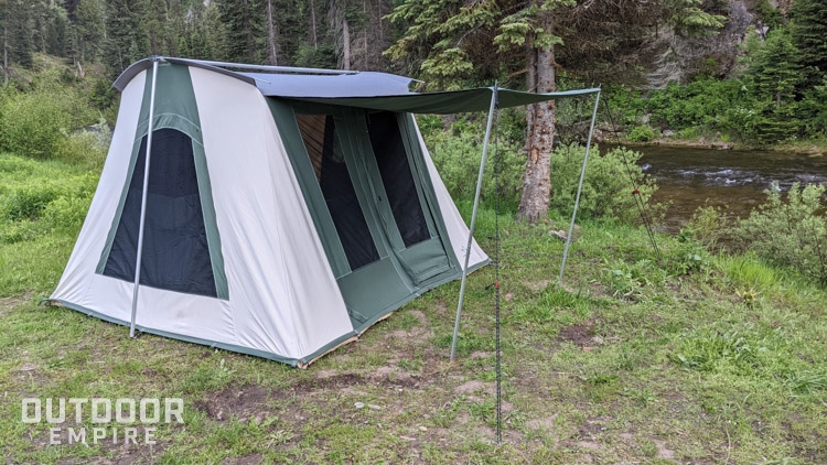 Canvas tent set up at a campsite