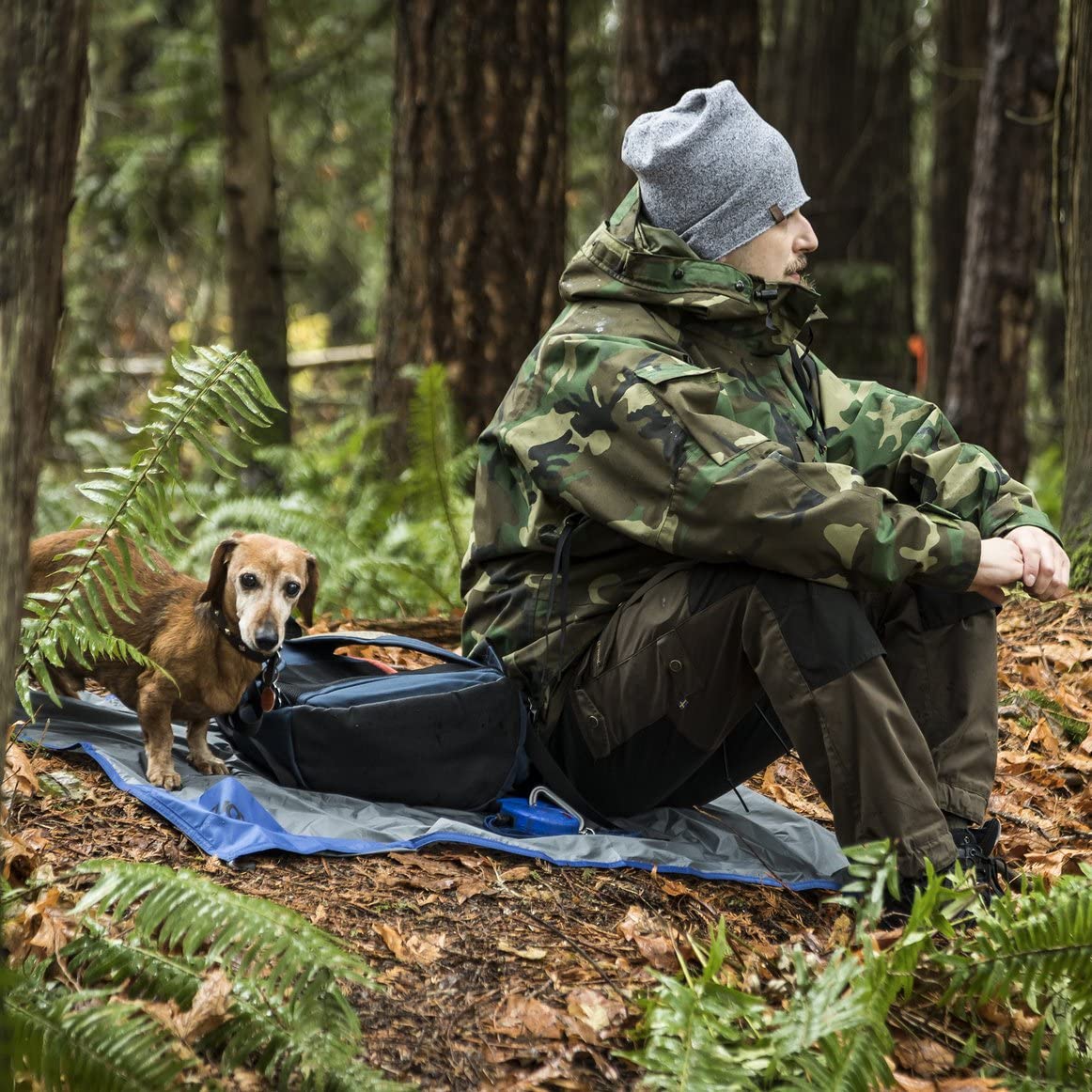 hiker with dog resting on a ground sheet