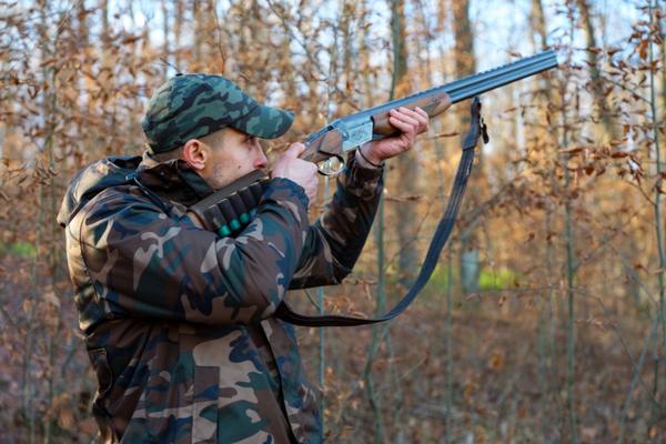 Hunter aiming shotgun in the woods