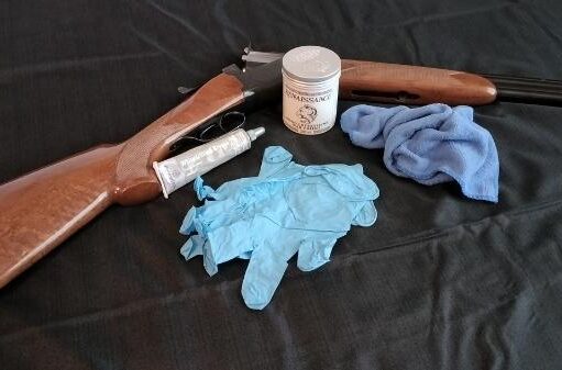 shotgun, wax, soft cloth and gloves