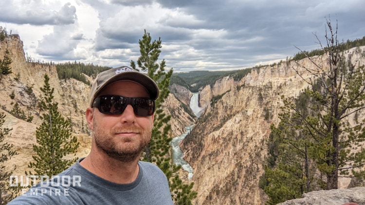 Smith Guide's Choice sunglasses on man by Yellowstone Falls