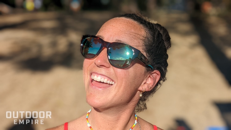 Woman smiling with Smith Rockaway sunglasses