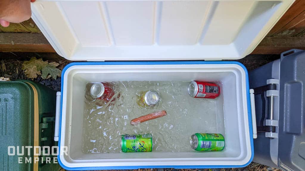 Coleman Chiller cooler with drinks and hot dog