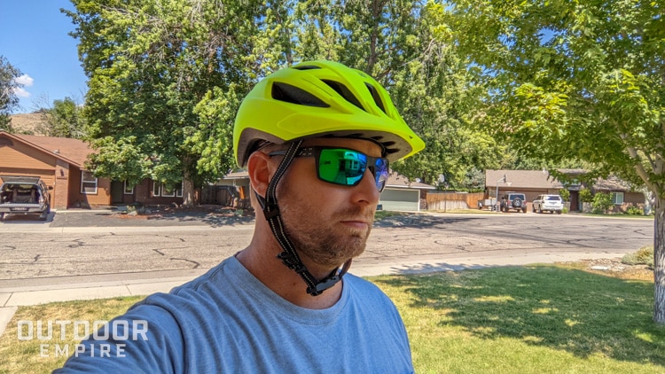 Cyclist wearing Gatorz Marauder sunglasses and helmet
