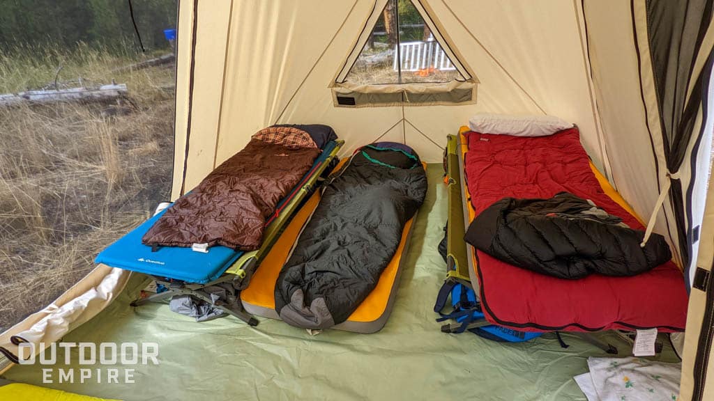 Three sleeping bags in a tent