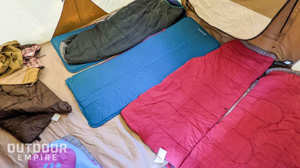 Sleeping bags laid out in teton mesa tent