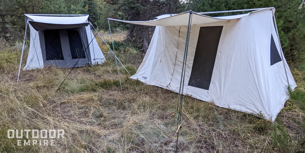 Kodiak flex-bow tent next to springbar classic jack canvas tent