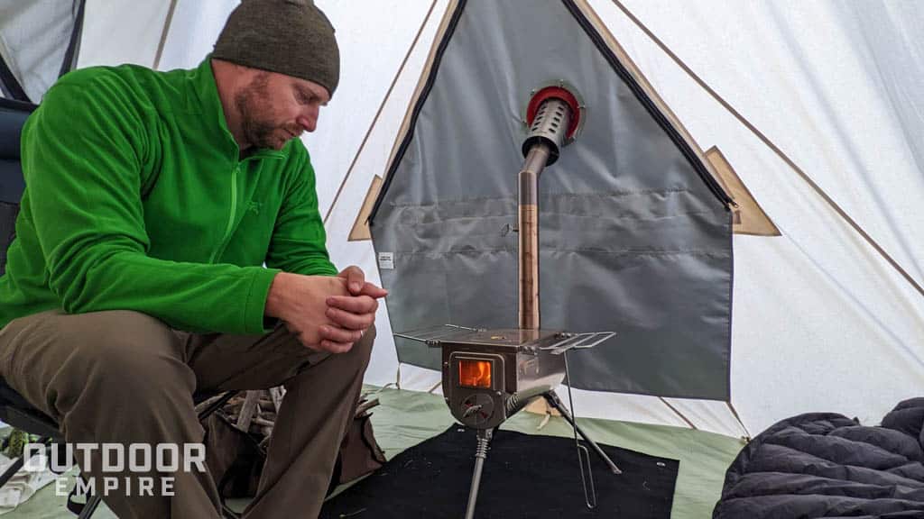 Wood stove in canvas tent