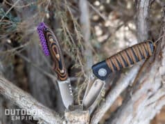 A fixed blade knife next to a folding blade knife both stuck into a juniper bush