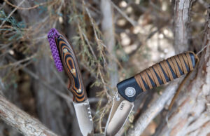 A fixed blade knife next to a folding blade knife both stuck into a juniper bush