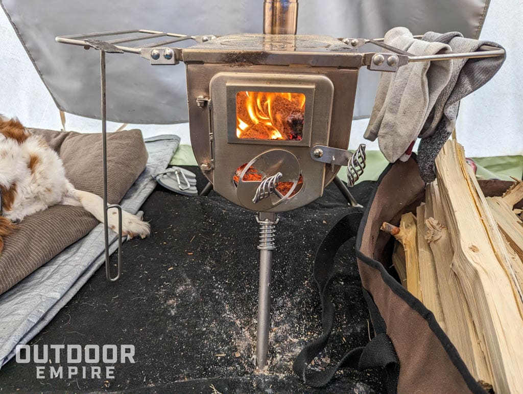 Wood stove in hot tent in cold weather