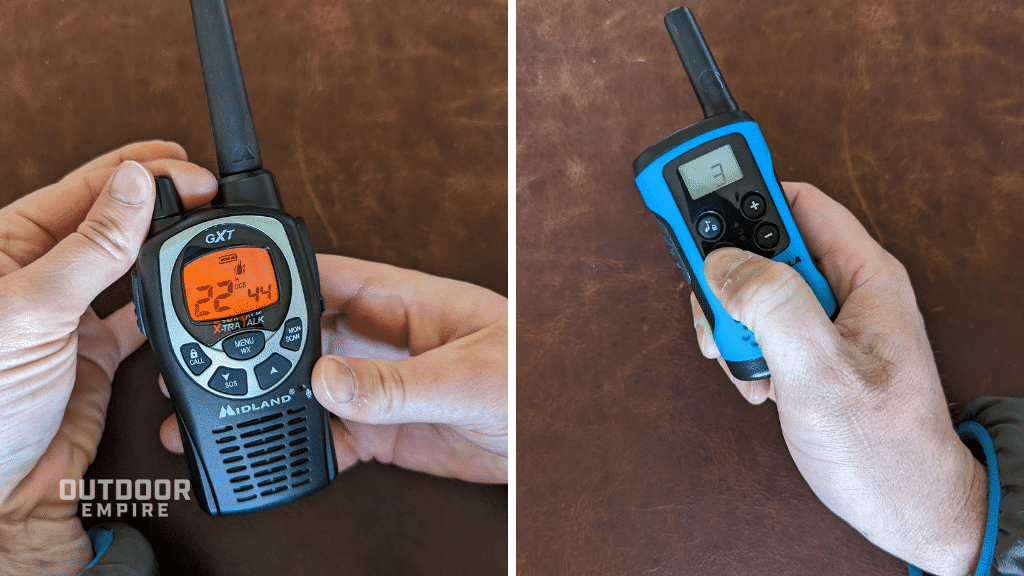 Two walkie talkies being turned on, one by dial and one by button