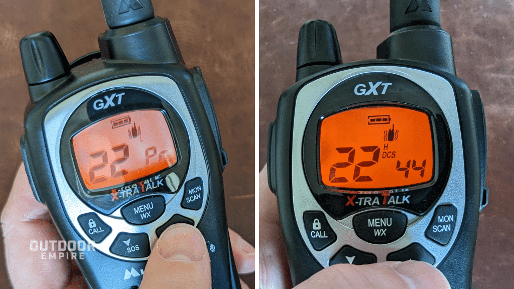 Toggling a two-way radio's privacy codes on lcd screen