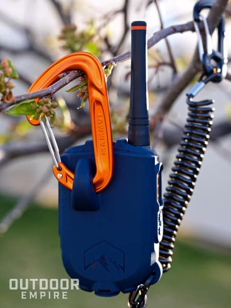 The carabiner used to clip the rocky talkie to a tree branch.