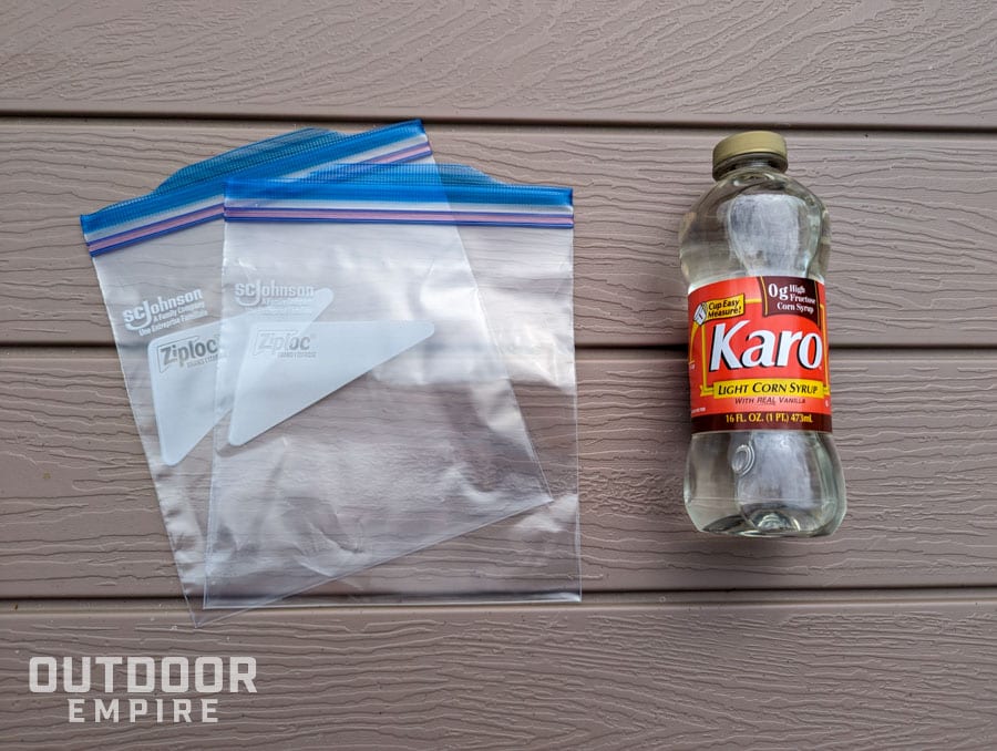 Karo syrup and ziploc bags on a table for corn syrup DIY ice pack