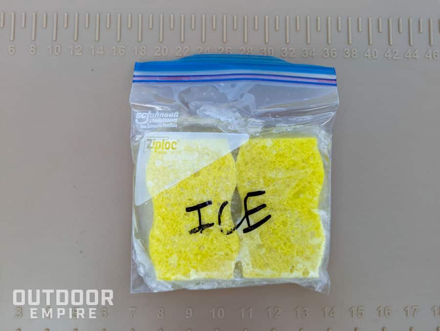 homemade sponge ice pack frozen on a cooler