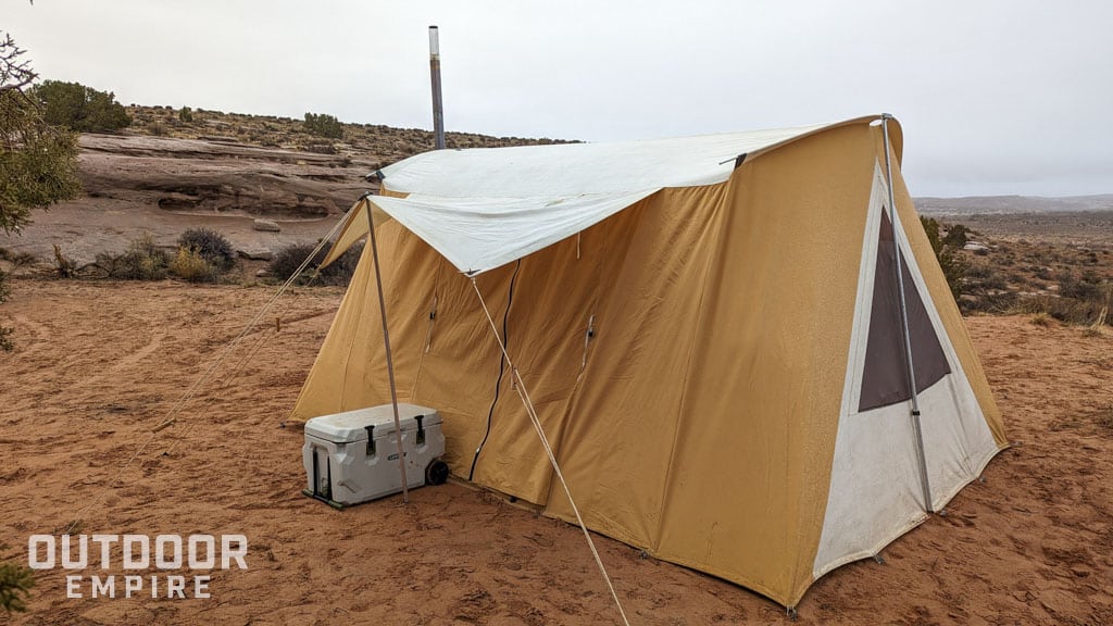 Front of springbar skyliner tent in desert in rainstorm